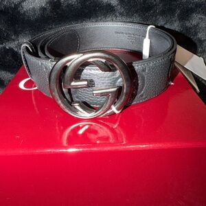 Gucci Black Pebbled Leather Double G Belt with Gunmetal Buckle